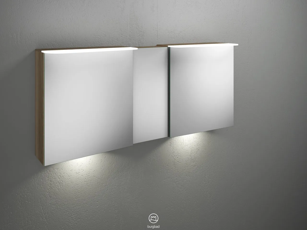 Badu Spiegelschrank SFUF150 von burgbad - 310 mm tief, 1.500 mm breit, 665 mm hoch mit 3 beidseitig verspiegelten Spiegeln und LED-Beleuchtung