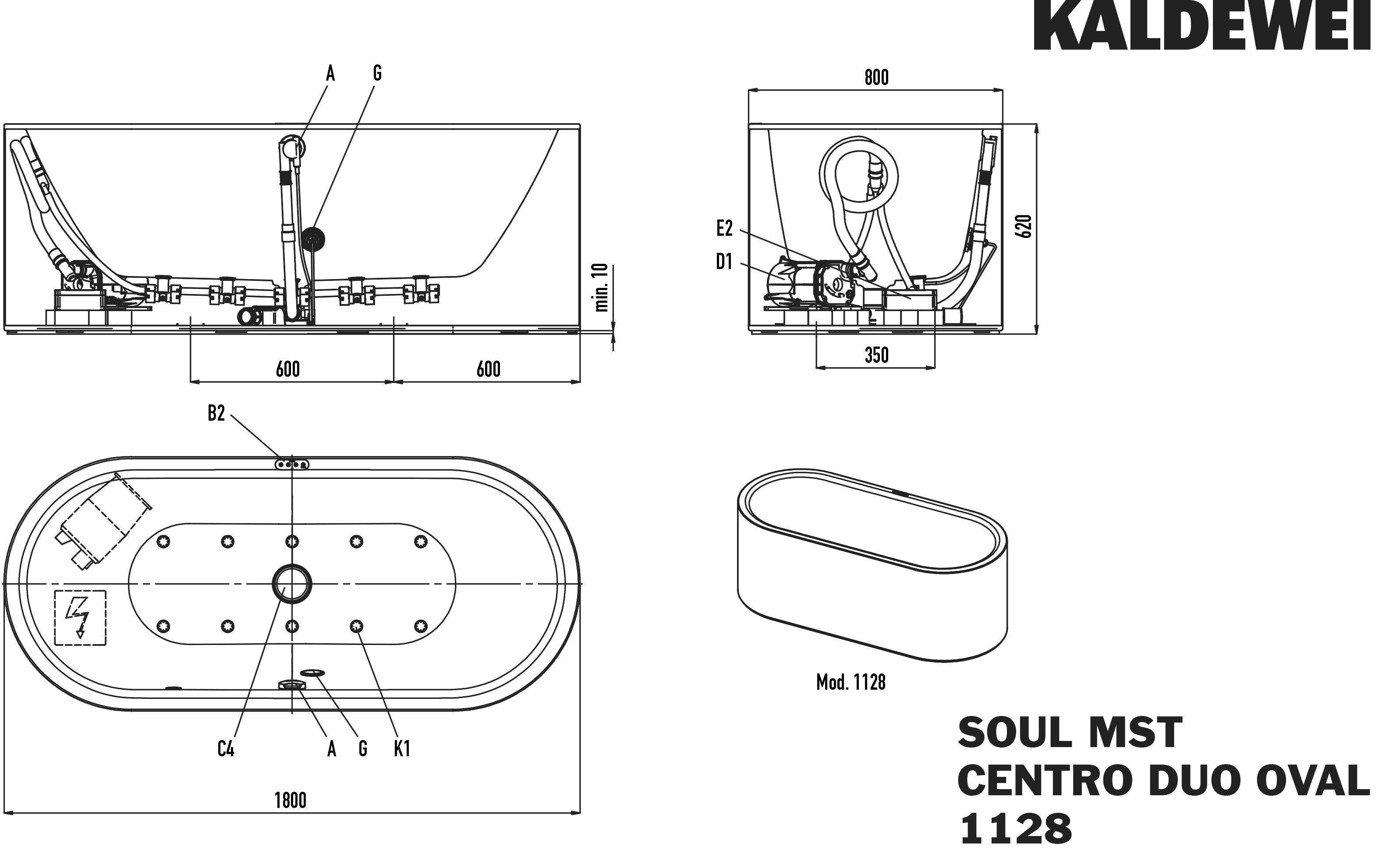 Kaldewei Whirlwanne „Meisterstück Centro Duo Oval“ oval 180 × 80 cm, rechts mit Airmassage Soul,