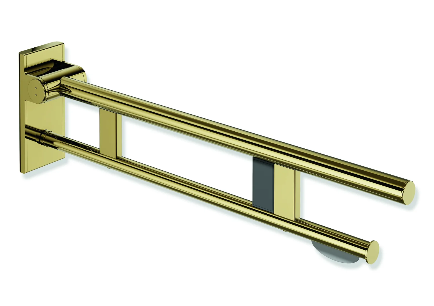HEWI Stützklappgriff Duo System 900 Design A, Edelstahl PVD gold glänzend, Ausladung 750 mm, mit WC-Papierhalter und Funk-Spülauslösung, rechts
