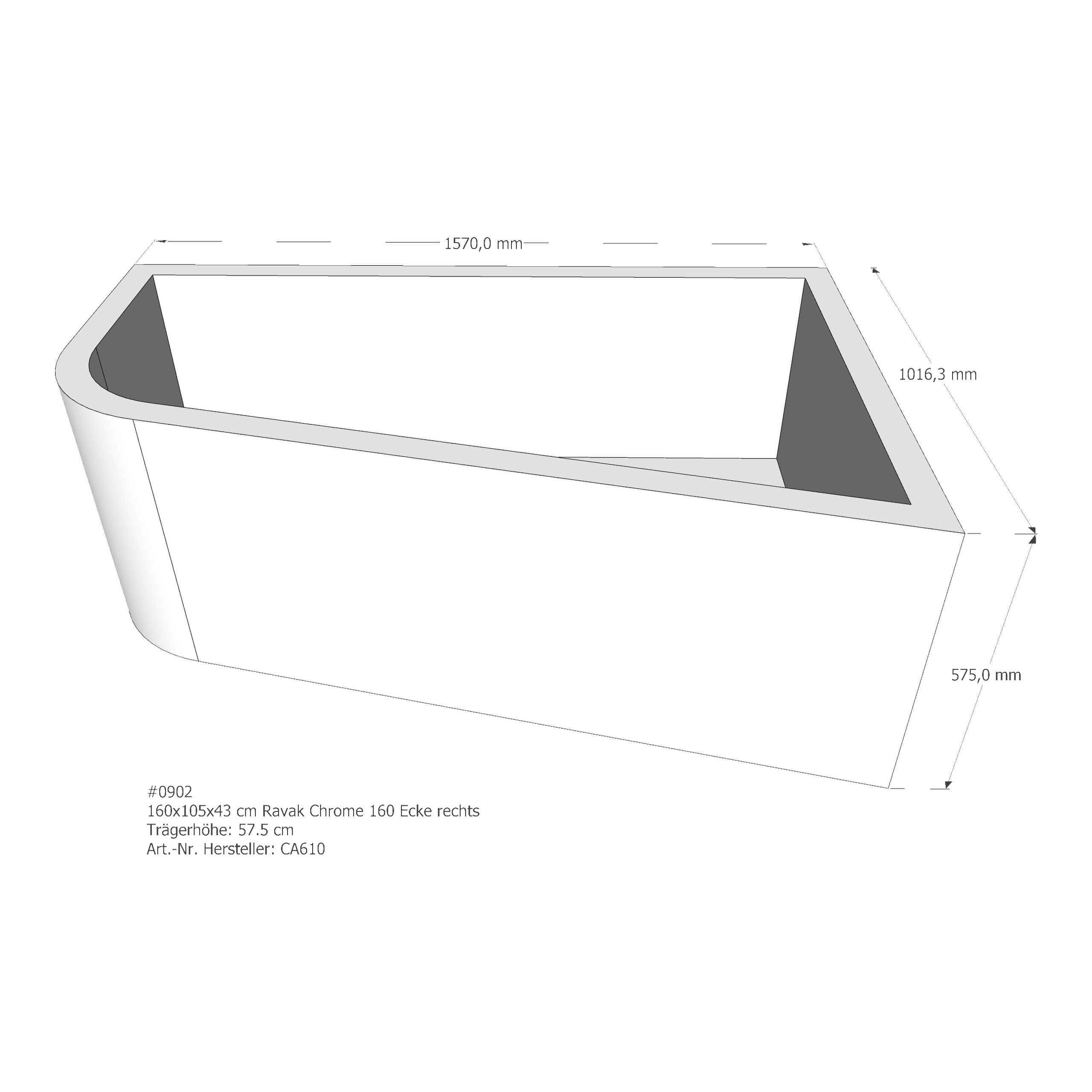 Badewannenträger für Ravak Chrome 160 Ecke rechts 160 × 105 × 43 cm