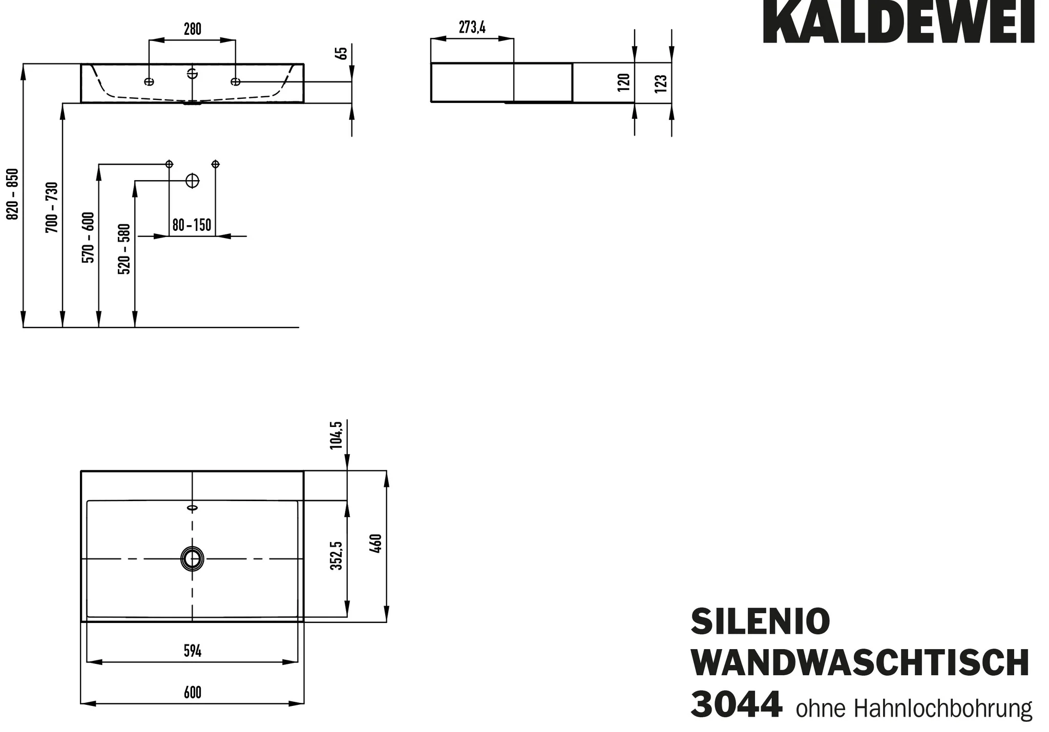 Wandwaschtisch „Silenio“ 600 × 460 mm, ohne Hahnlochbohrung in pergamon, mit Perl-Effekt