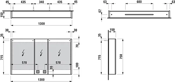 Laufen Spiegelschrank FRAME 25 LED-Beleuchtung vertikal Sensor-Schalter mit Steckdose 780x1300x150 3 Türen verspiegelt Laufen Spiegelschrank FRAME 25 LED-Beleuchtung vertikal Sensor-Schalter mit Steckdose 780x1300x150 3 Türen verspiegelt