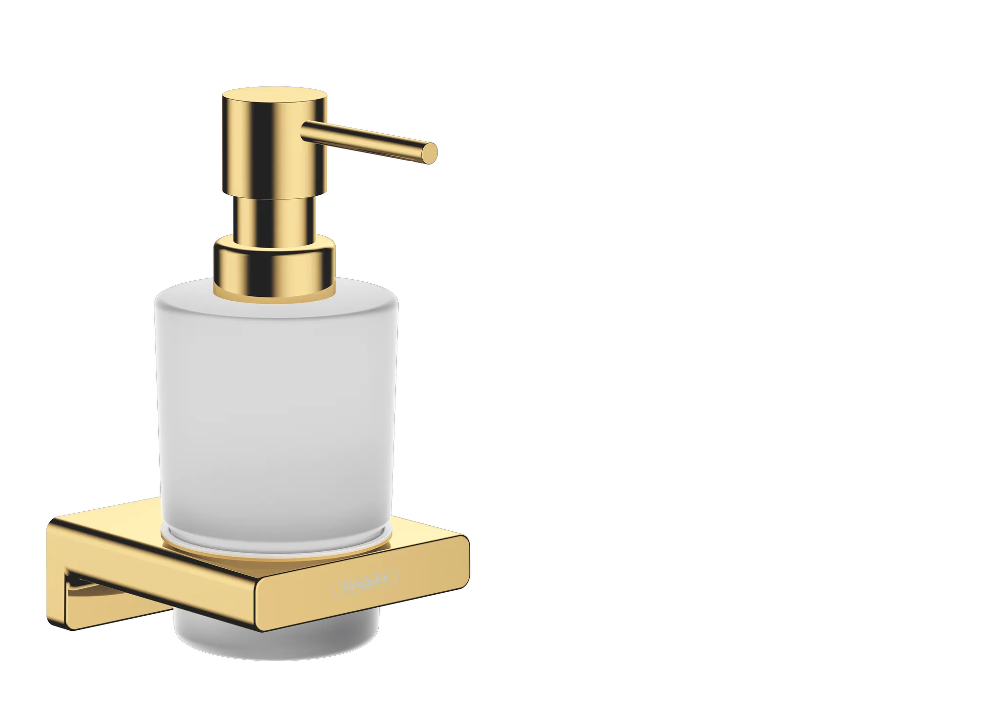 Hansgrohe AddStoris Q Lotionspender Polished Gold Optic, Wandmontage, Metallhalterung, Mattglasbehälter, 200 ml Füllmenge, 2 ml Dosiermenge, mit Befestigungsmaterial, verdeckte Befestigung, Bohrabstand 26 mm, Bohrlochdurchmesser 6 mm
