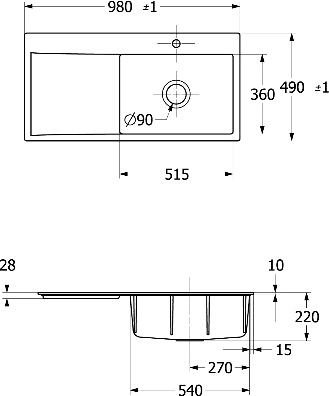 Villeroy & Boch Subway Style 60 Flat 33611F, flächenbündige Spüle, 980x490mm