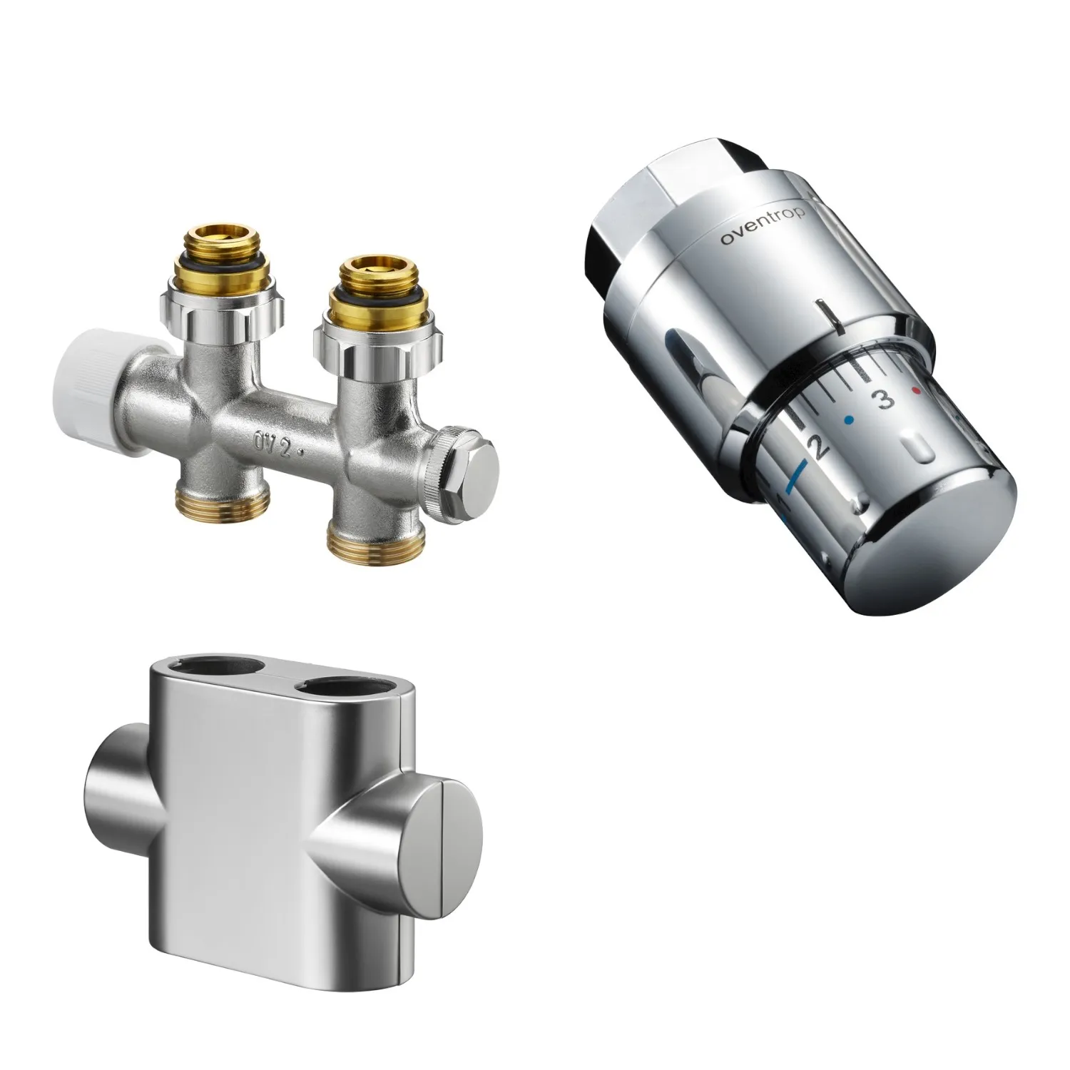 Design in Bad Anschlussgarnitur inkl. Thermostat für Heizkörper mit 50 mm Anschluss Durchgangsform „Multiblock T“ in weiß Farbe: Chrom Design in Bad Anschlussgarnitur inkl. Thermostat für Heizkörper mit 50 mm Anschluss Durchgangsform „Multiblock T“ in weiß Farbe: Chrom
