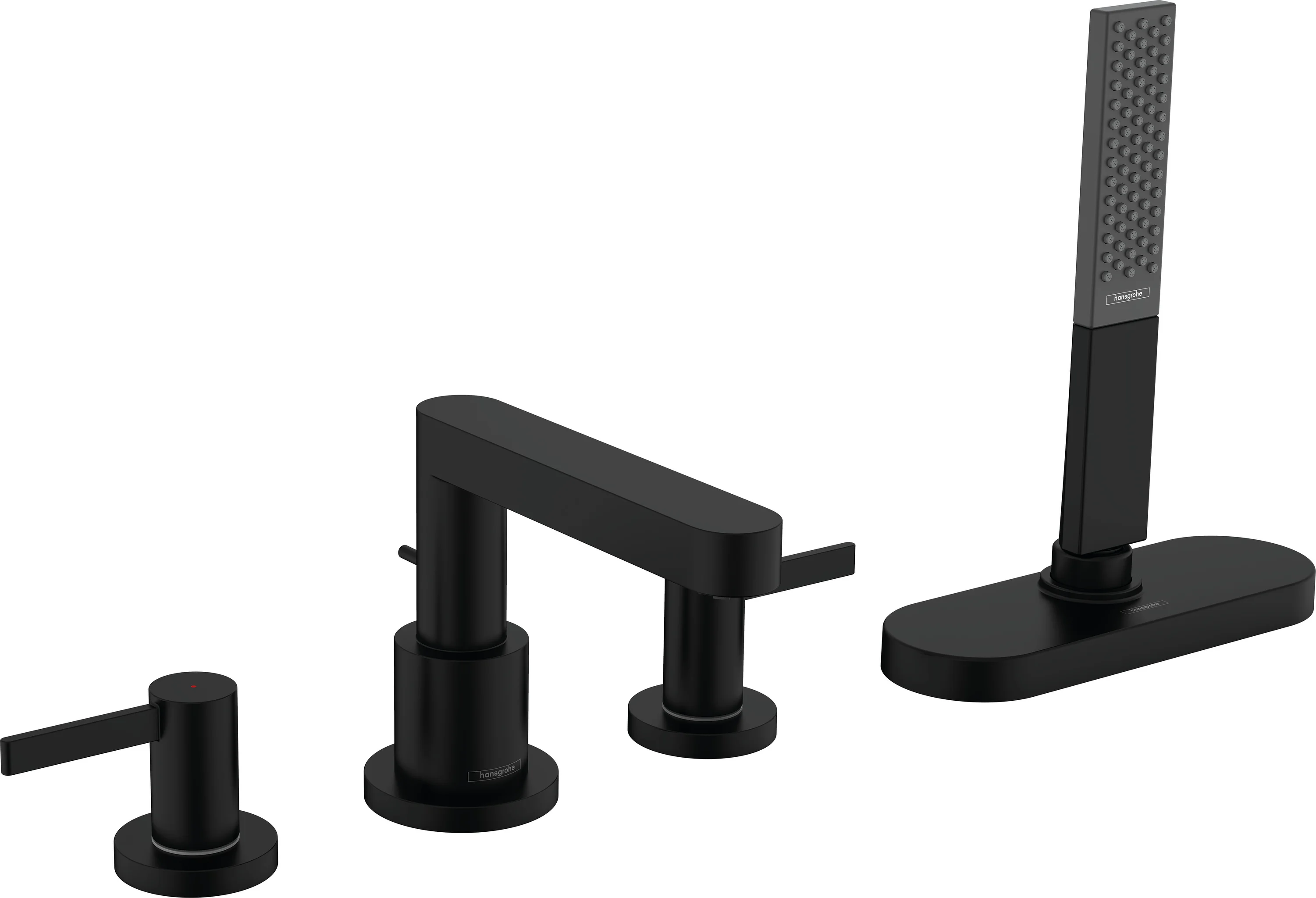 Hansgrohe Finoris 4-Loch Wannenrandarmatur mattschwarz, Ausladung 152 mm, PowderRain-Handbrause, max. Durchfluss 23,5 l/min