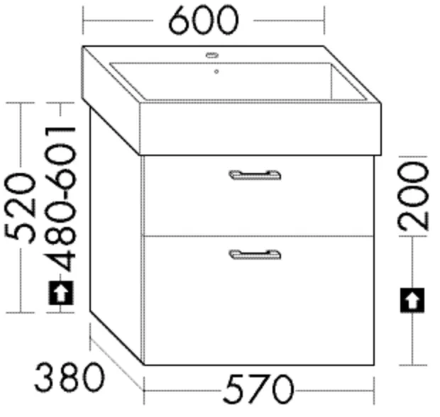 Waschtischunterschrank Sys30 von burgbad – 1 Schublade oben, 1 Auszug unten, 380 mm tief, 570 mm breit, 520 mm hoch