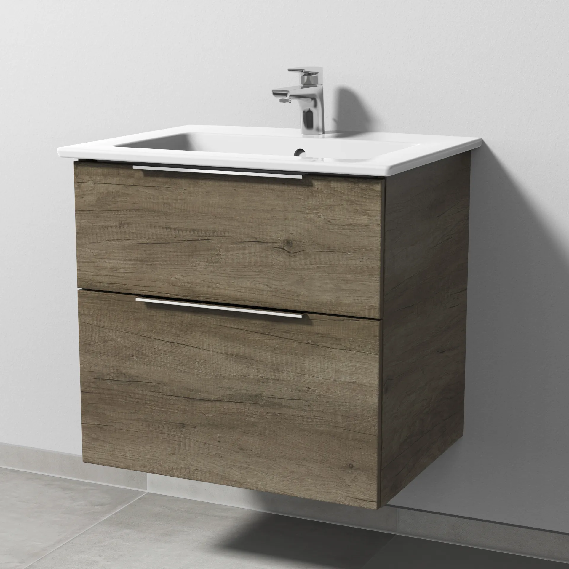 Keramik-Waschtisch-Set mit Waschtischunterschrank „3way“ 60,5 × 47,7 × 59,1 cm in Eiche Nebraska, mit Hahnlochbohrung, Becken mittig