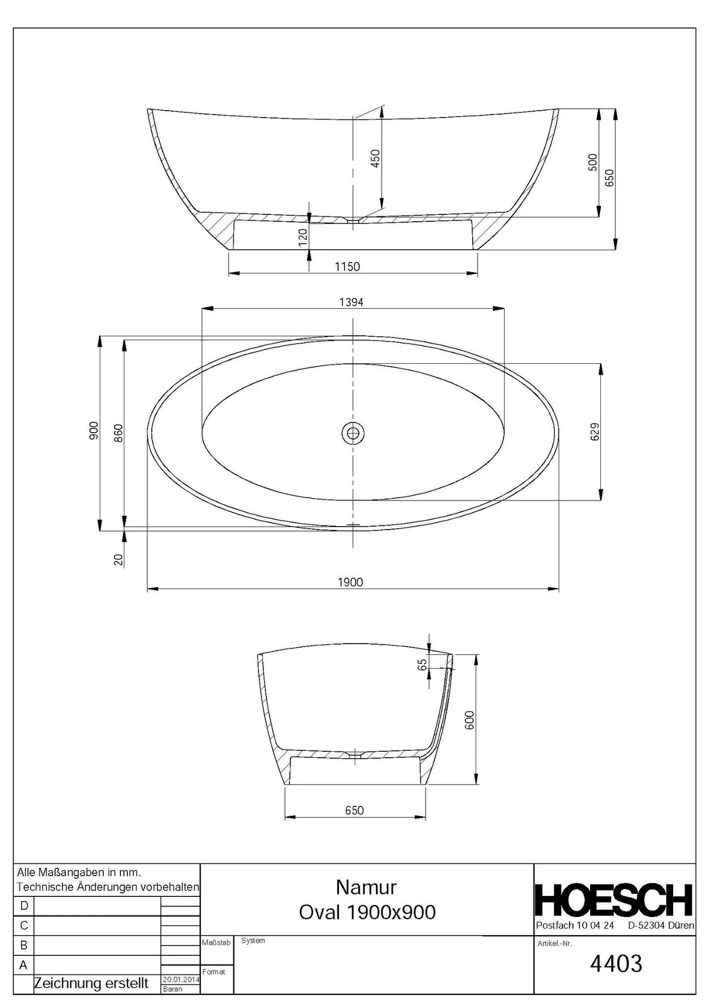 Hoesch Badewanne „Namur“ freistehend oval 190 × 90 cm in Weiß