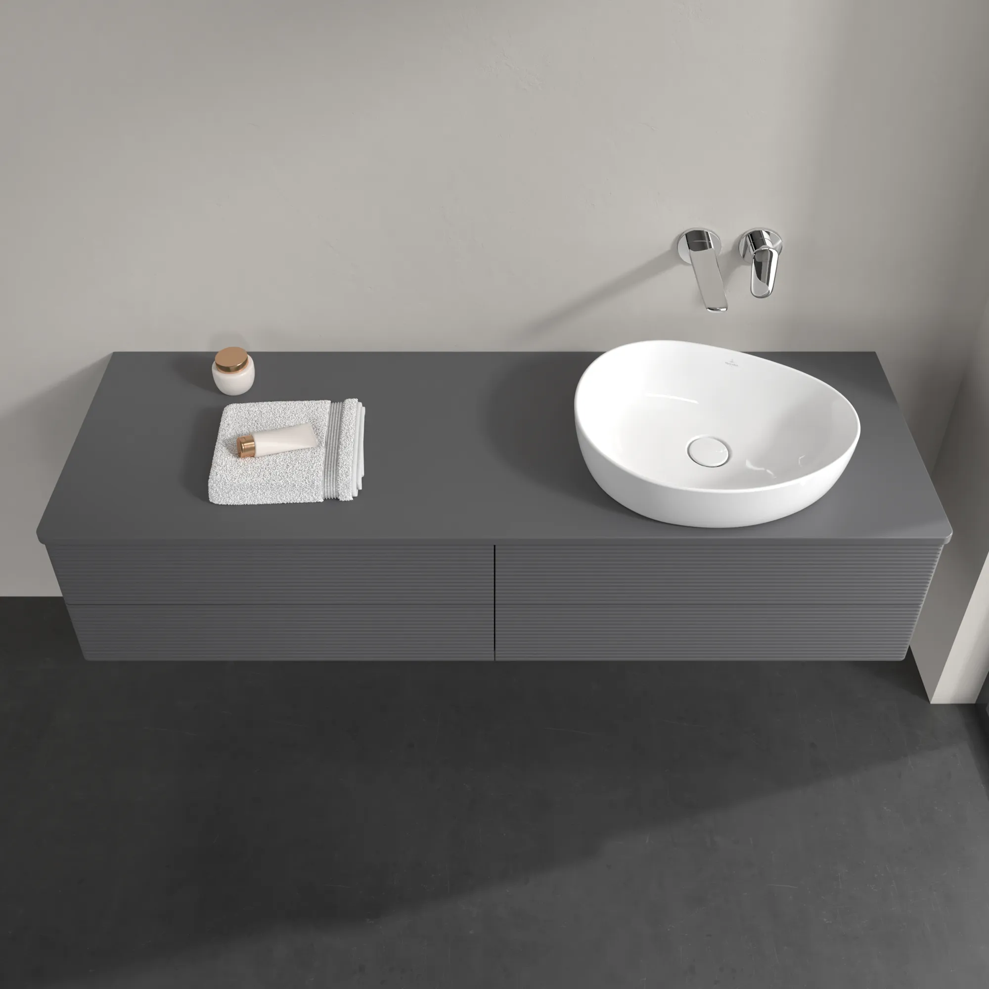 Villeroy & Boch Waschtischunterschrank „Antao“ 1600 × 360 × 500 mm Anthracite Matt Lacquer, für Becken rechts, ohne Beleuchtung Villeroy & Boch Waschtischunterschrank „Antao“ 1600 × 360 × 500 mm Anthracite Matt Lacquer, für Becken rechts, ohne Beleuchtung