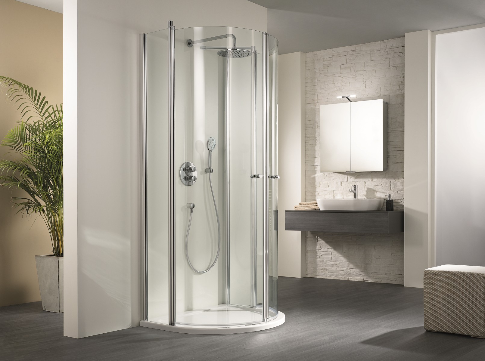 HSK teilgerahmte Runddusche Halbkreis 4-teilig pendelbar „Exklusiv“ Glas Klar hell, Profile Alu Silber-matt, B: 960 mm H: 2000 mm T: 820 mm HSK teilgerahmte Runddusche Halbkreis 4-teilig pendelbar „Exklusiv“ Glas Klar hell, Profile Alu Silber-matt, B: 960 mm H: 2000 mm T: 820 mm