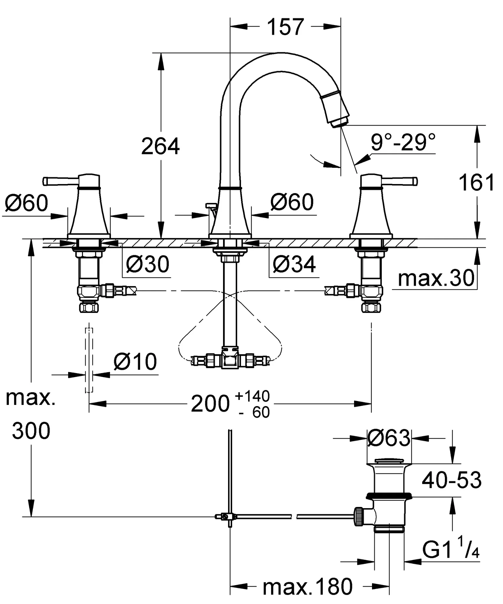 3-Loch-Waschtischbatterie Grandera 20619, Zugstangen-Ablaufgarnitur 1 1/4'', chrom 3-Loch-Waschtischbatterie Grandera 20619, Zugstangen-Ablaufgarnitur 1 1/4'', chrom
