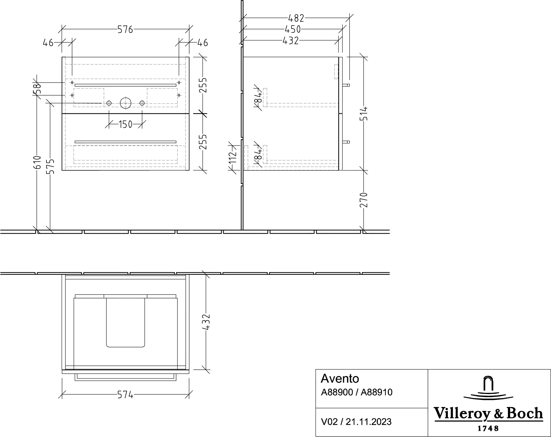 Villeroy & Boch Waschtischunterschrank „Avento“ für Schrankwaschtisch 58 × 51,4 × 45,2 × 45,2 cm Graphite, Soft Closing