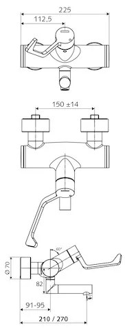 Aufputz-Waschtisch-Armatur VITUS VW-AH-M, Mischwasser, Auf/Kalt/Warm, 2 RFV, Ventil zur Durchführung einer manuellen thermischen Desinfektion (gemäß DVGW Arbeitsblatt W 551), 2x DN 15 G 1/2 AG, Ausladung bis Mitte Strahlregler: 210 mm, chrom