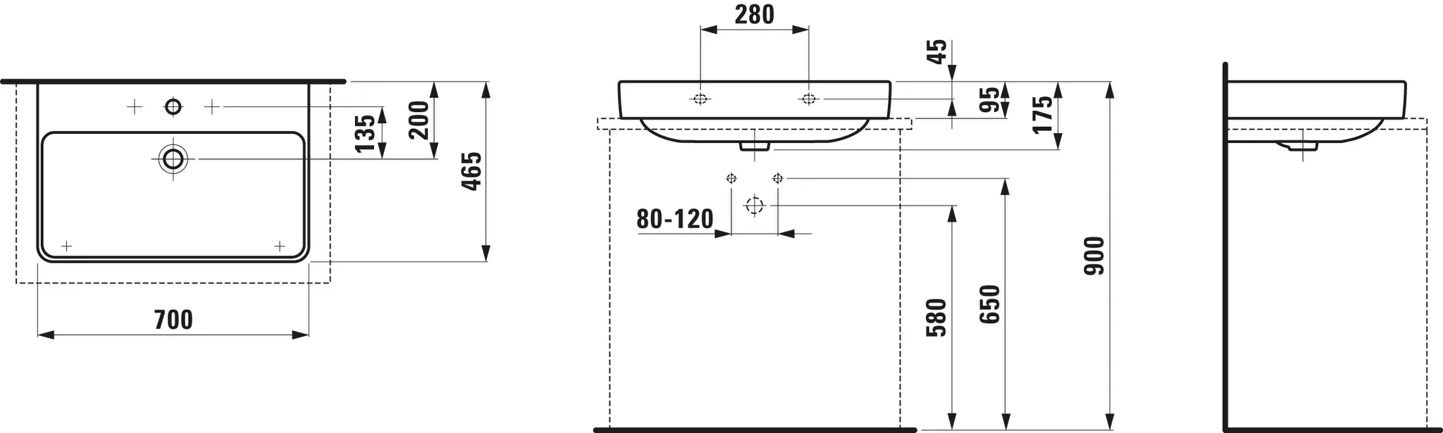 Aufsatzwaschtisch PRO S 465x700x175 1 Hahnloch mit Überlauf weiß