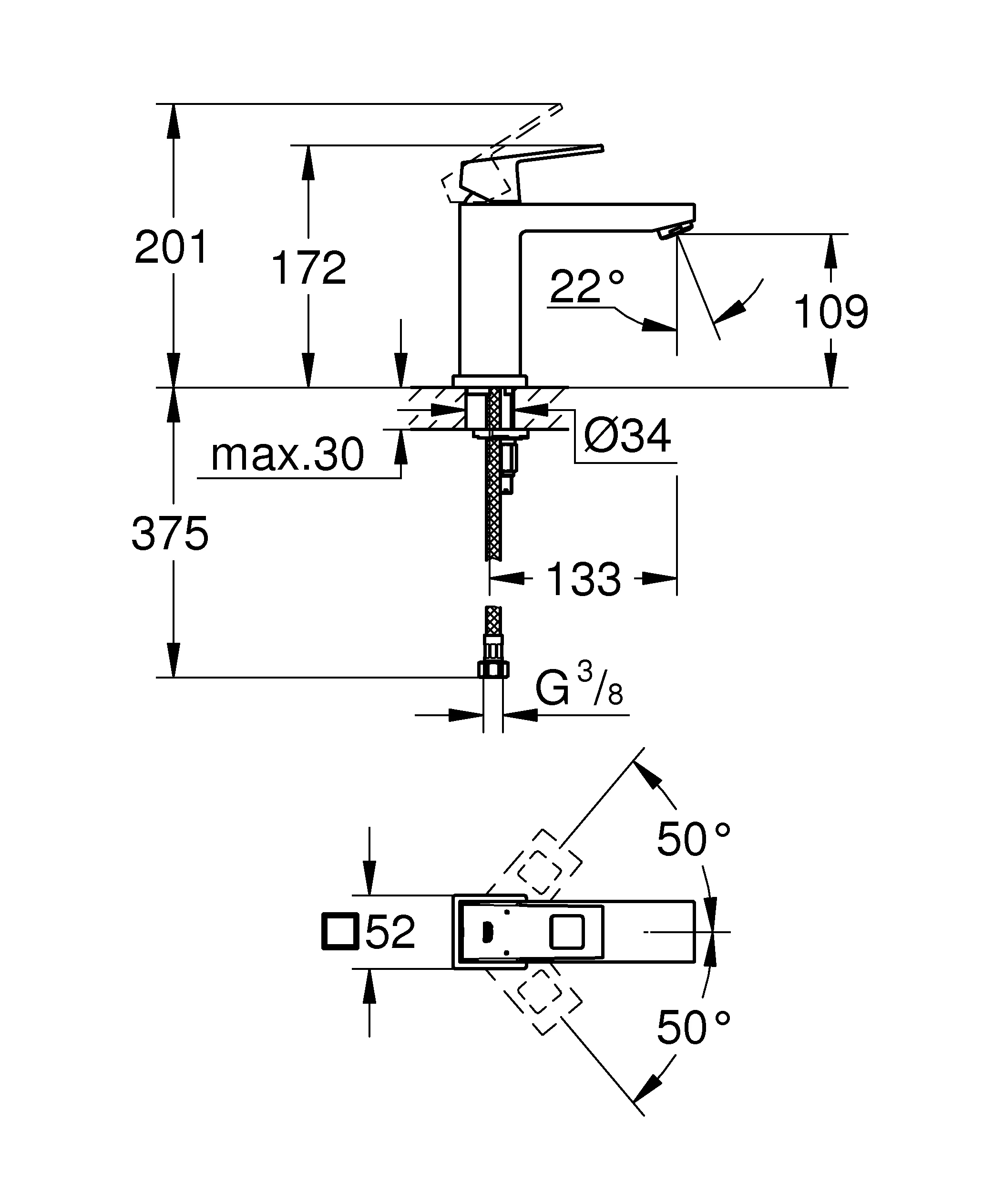 Einhand-Waschtischbatterie Eurocube 23446, M-Size, Einlochmontage, glatter Körper, chrom