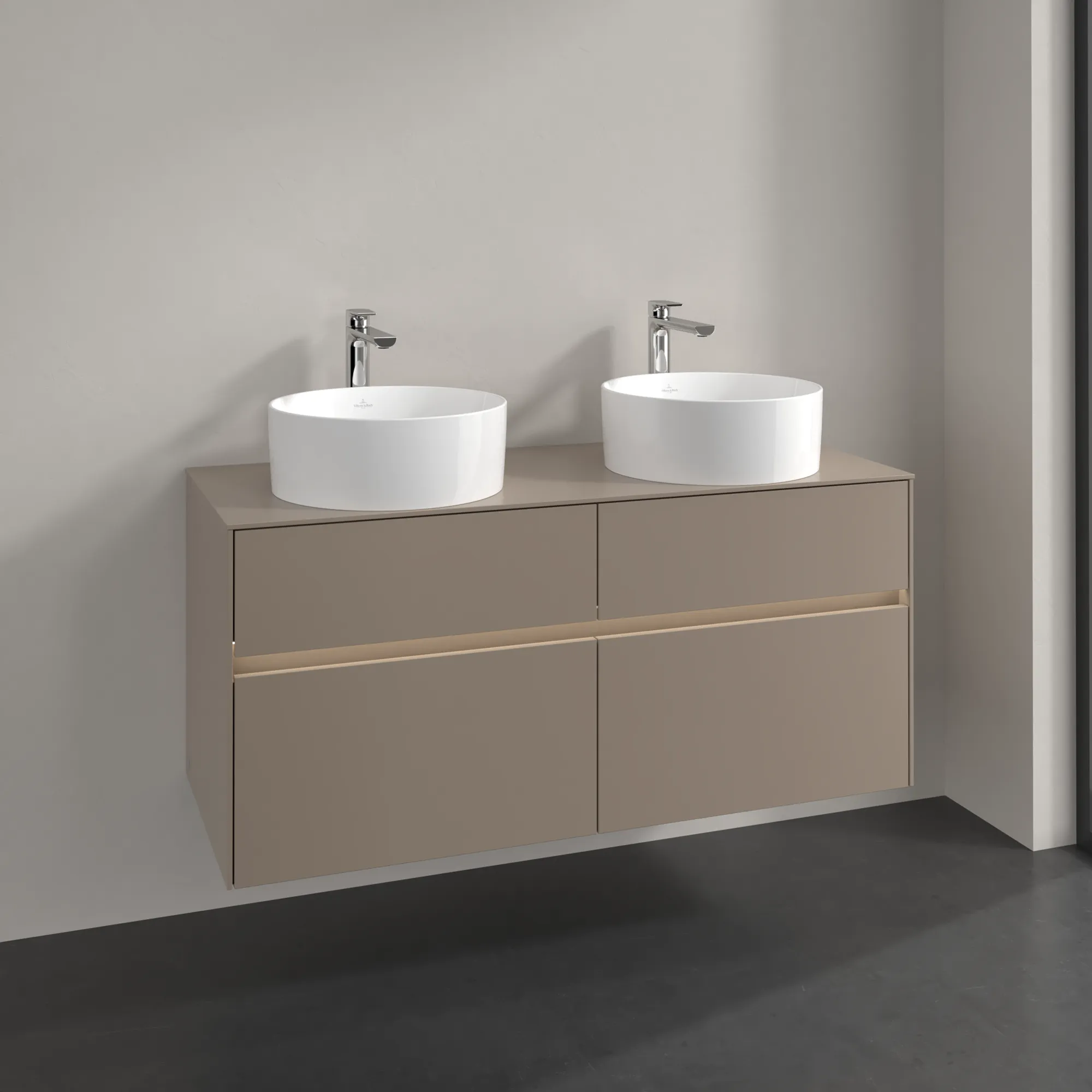 Villeroy & Boch Waschtischunterschrank „Collaro“ 1200 × 548 × 500 mm Taupe, mit Beleuchtung, für links und rechts