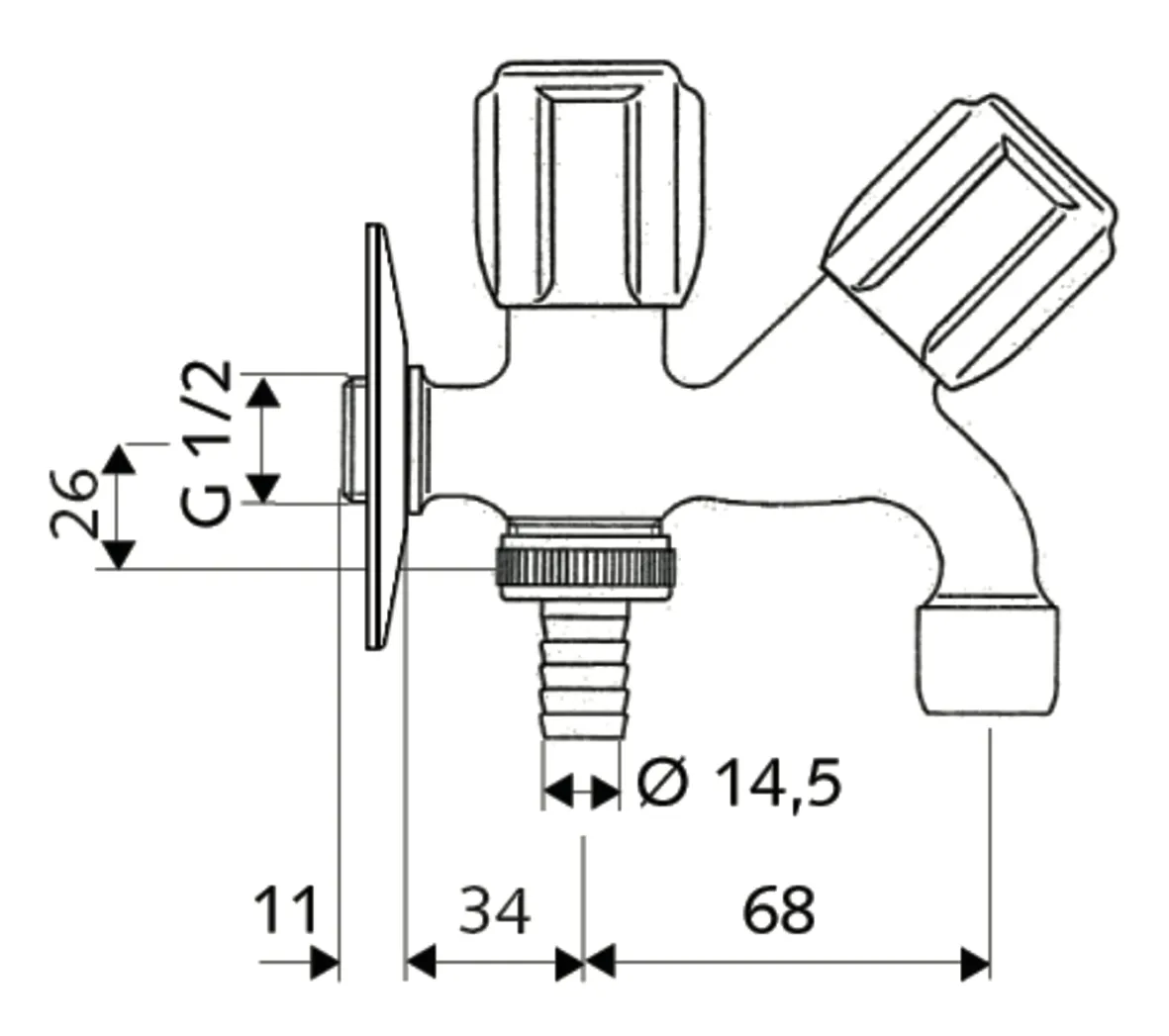 Kombi-Auslaufventil COMFORT, DN 15 G 1/2 AG, Schlauchverschraubung Ø 14,5 mm (DN 20 G 3/4 AG), chrom