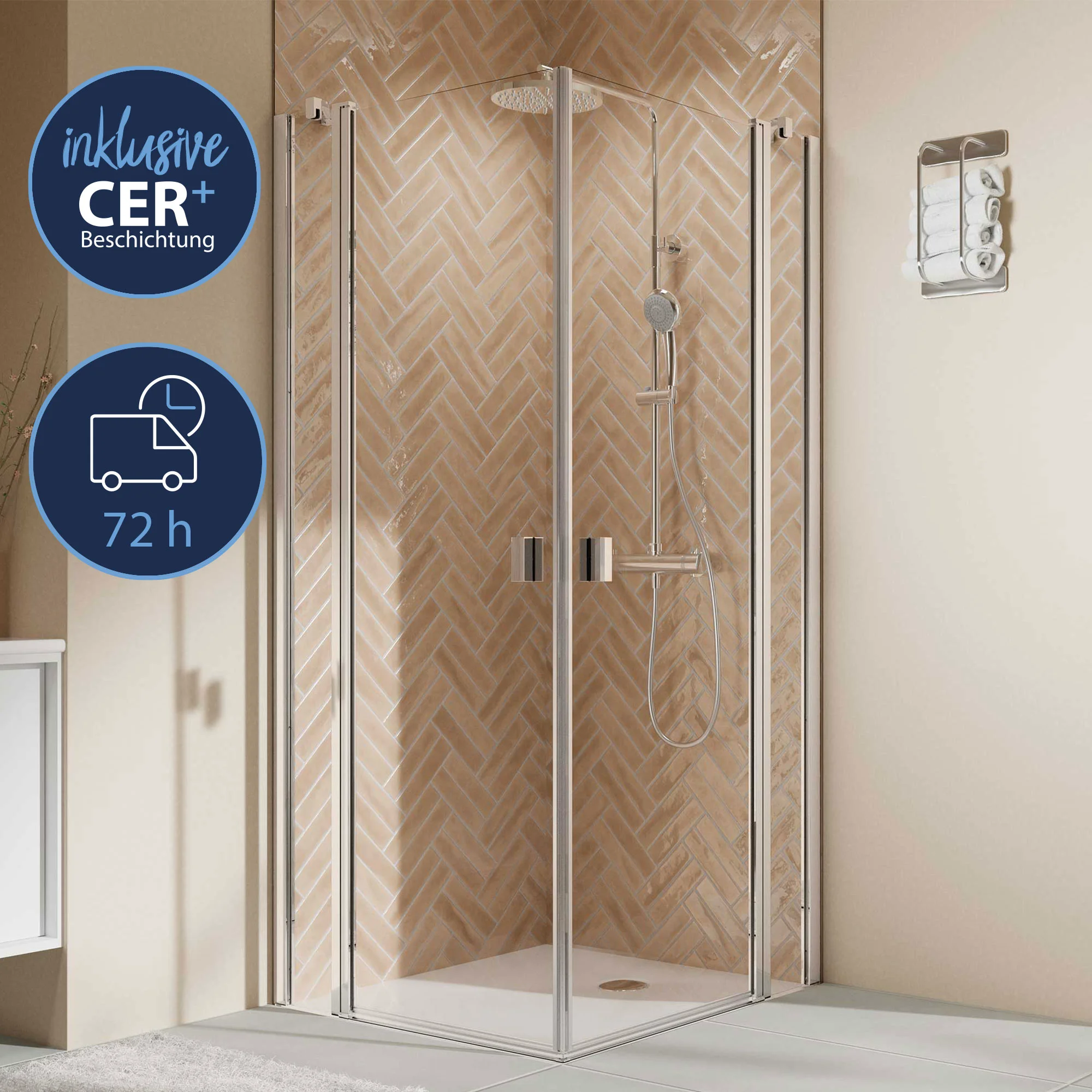 Breuer QUICK 72 Elana 2.0 eckig Eckeinstieg Drehtür, 4-teilig, Alu Silber matt, 1000 mm x 1000 mm, Höhe 2000 mm, Wanneneinbaumaß je Seite 980–1000 mm