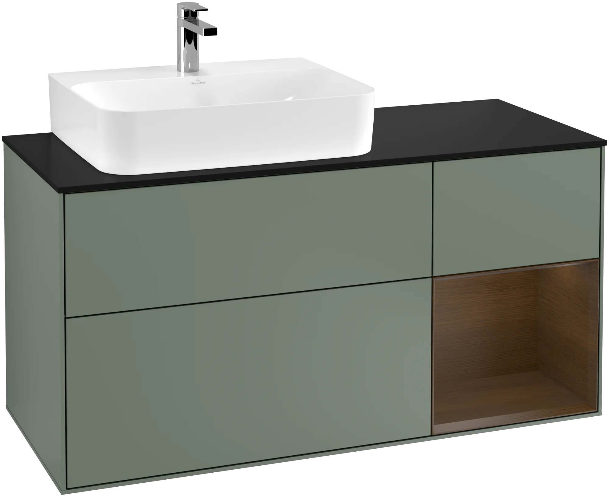 Villeroy & Boch Finion Waschbeckenunterschrank F15 1200x603x501mm Olive Matt Lacquer / Walnut Veneer / Glass Black Matt
