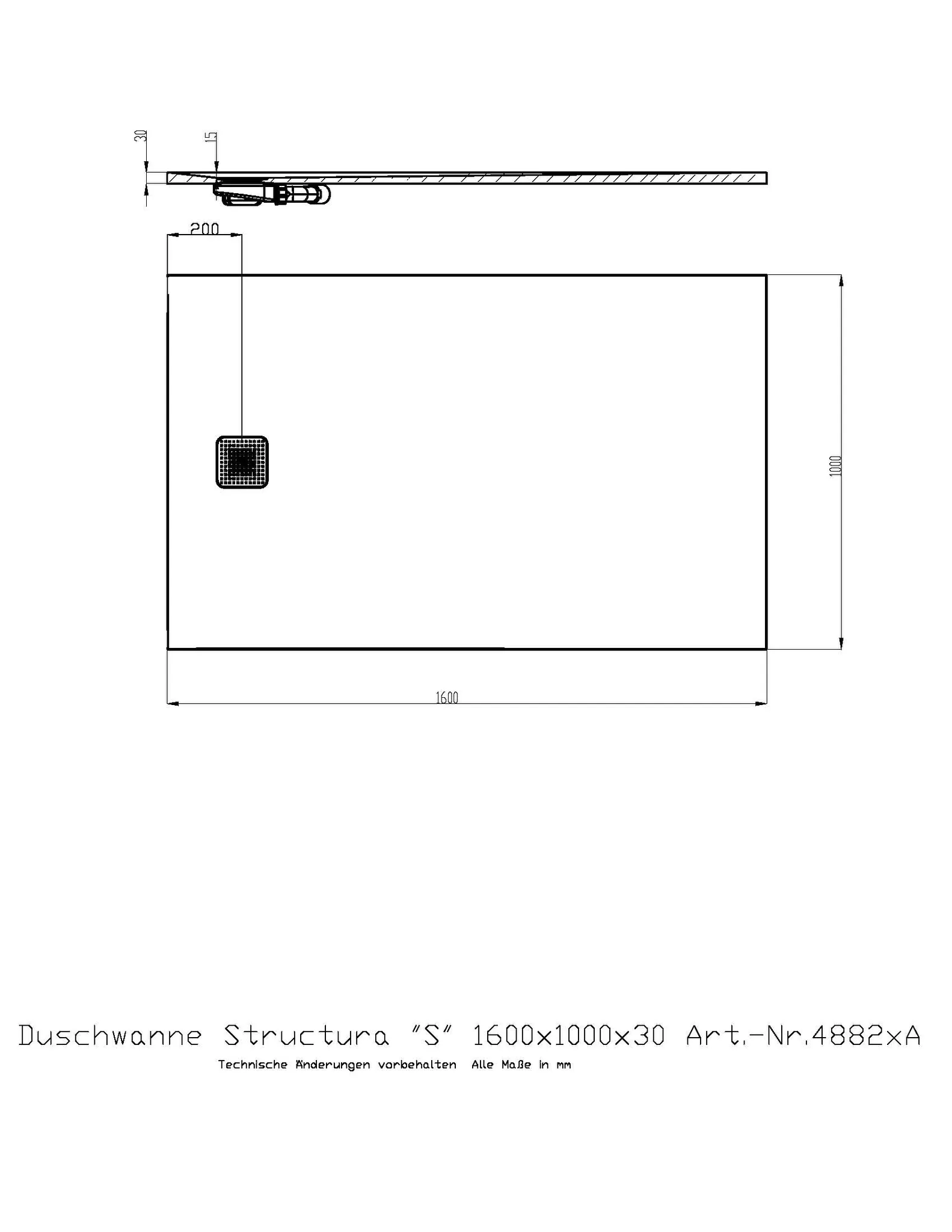 Duschwanne Structura ″S″ 1600x1000x30 in gesoftete Schieferoptik, mit Antirutsch B, Material Solique, Weiß