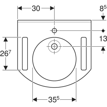 Publica Waschtisch rundes Design, mit Ausschnitten, barrierefrei: B=60cm, T=55cm, Hahnloch=mittig, Überlauf=ohne, weiß-alpin