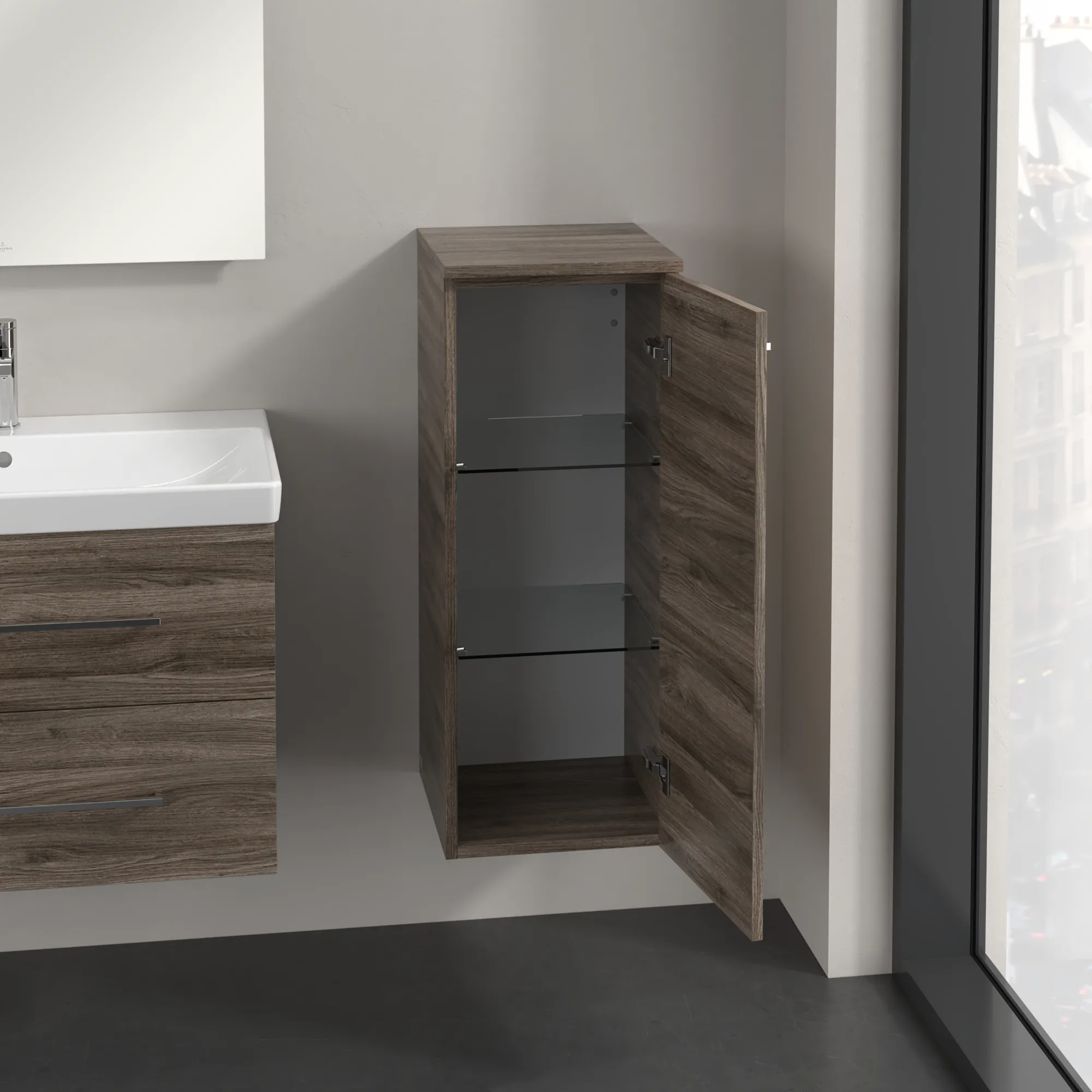 Villeroy & Boch Seitenschrank „Avento“ 35 × 89 × 37,3 × 37,3 cm Stone Oak, Anschlag rechts, Soft Closing, 1 Tür