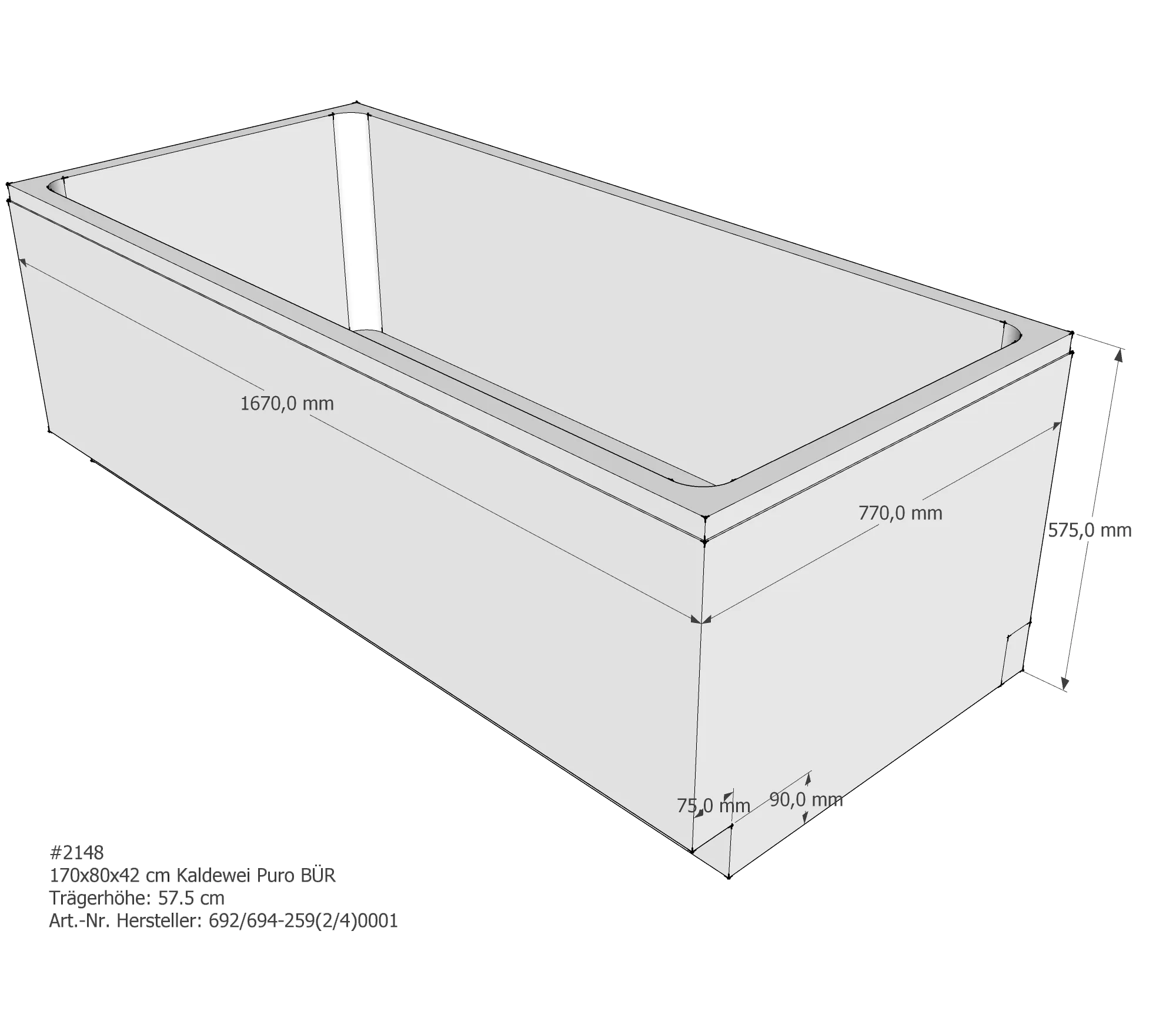 Badewannenträger für Kaldewei Puro 170 × 80 × 42 cm Ab- und Überlaufposition: vorn / Breite: 80 cm / Länge: 170 cm