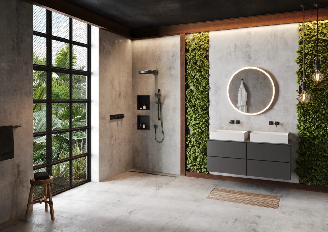 Hansgrohe RainDrain Match Plus Duschrinne Fertigset 1200 mm, höhenverstellbarer Rahmen, Mattschwarz