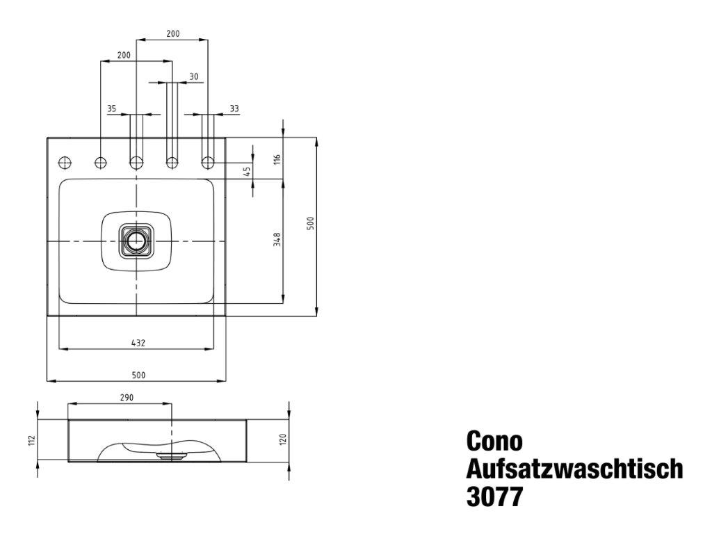 Aufsatzwaschtisch „Cono“ 50 × 50 cm, mittig, ohne Überlauf, mit Hahnlochbohrung in alpinweiß mit Perl-Effekt