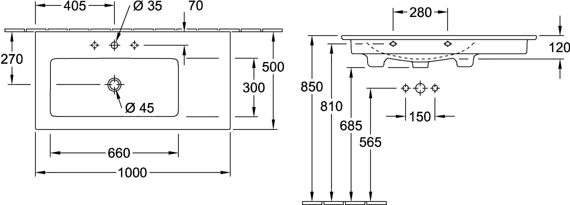 Villeroy & Boch Wandwaschtisch „Venticello“ 1000 × 500 × 170 mm, für Becken links, mit Hahnlochbohrung, Hahnlochposition mittig in Weiß Alpin