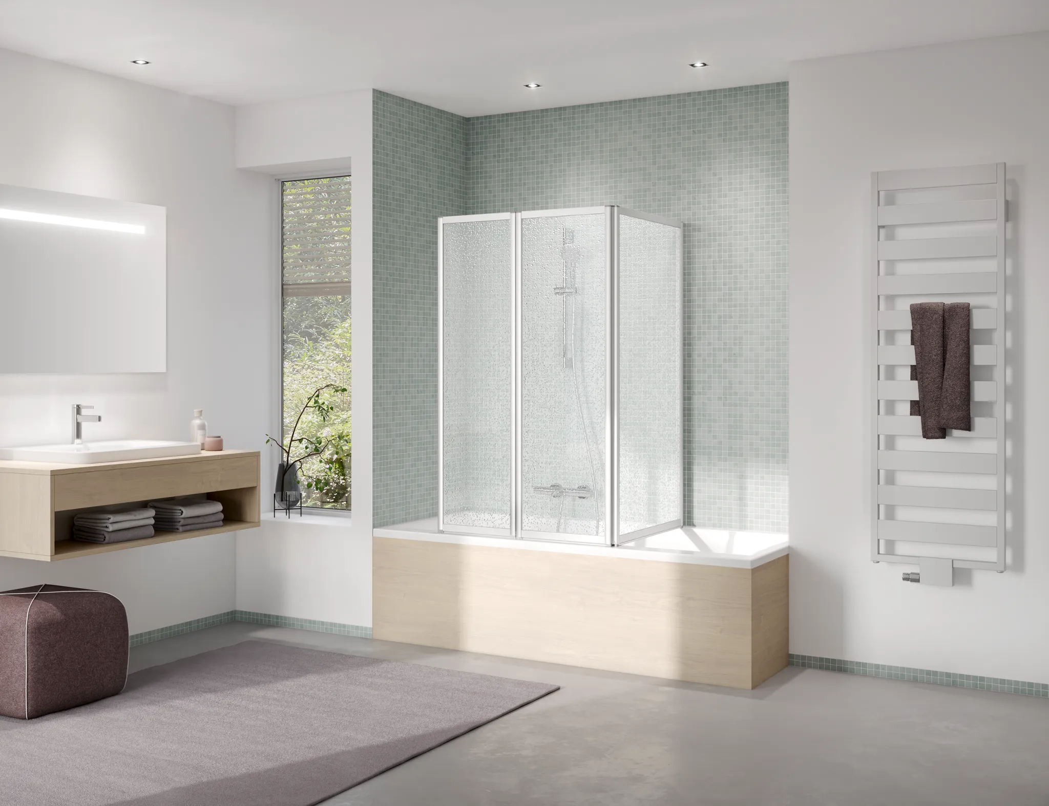Kermi Badewannenabtrennung Faltwand 3-flügelig über Badewanne „VARIO 2000“, Falttür Glas Kerolan Perl, Profile Silber Mattglanz, BV: 1501 - 1517 mm WE: 685 - 718 mm H: 1400 mm Kermi Badewannenabtrennung Faltwand 3-flügelig über Badewanne „VARIO 2000“, Falttür Glas Kerolan Perl, Profile Silber Mattglanz, BV: 1501 - 1517 mm WE: 685 - 718 mm H: 1400 mm