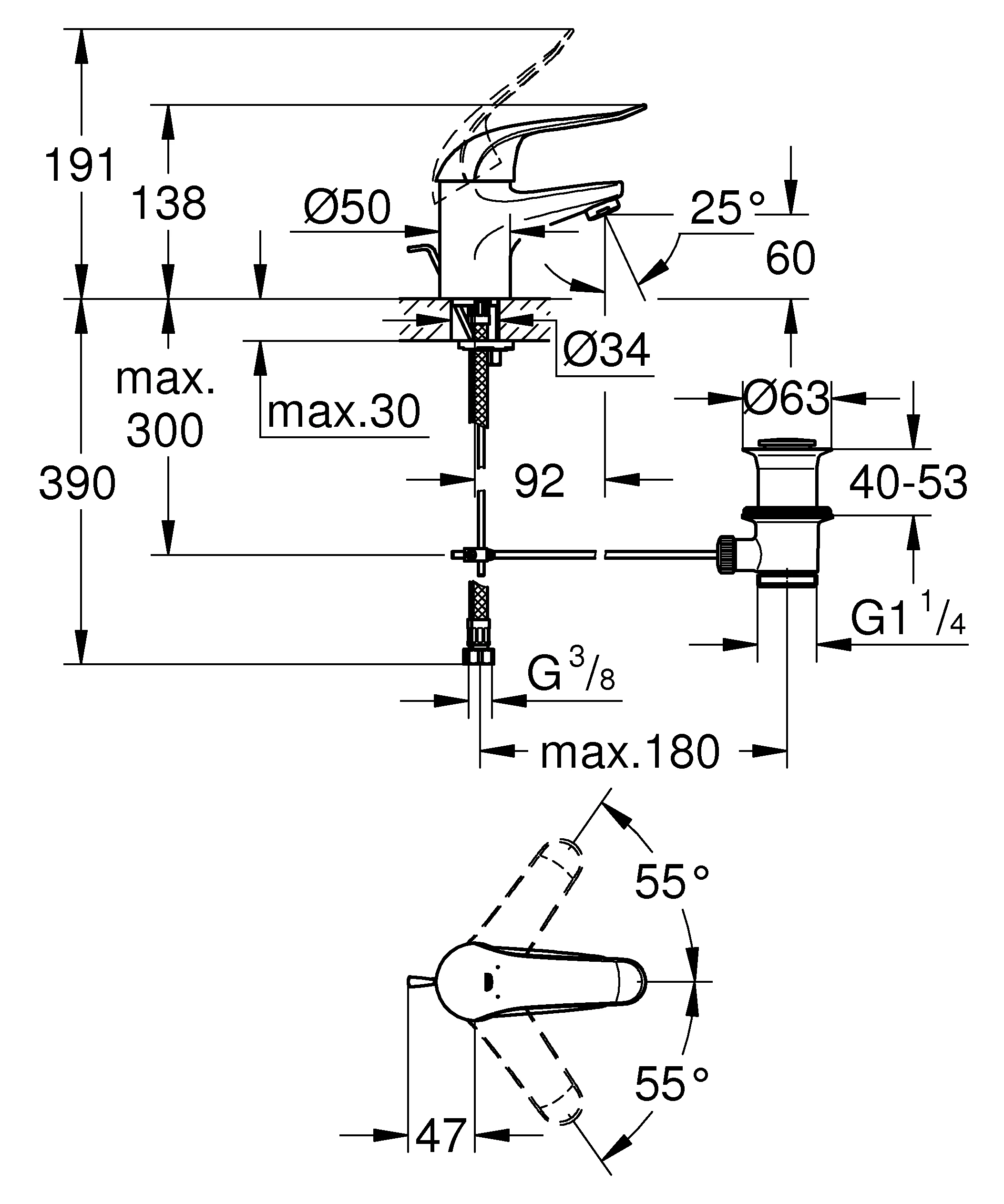 Einhand-Waschtischbatterie Euroeco Special 32763, Einlochmontage, Zugstangen-Ablaufgarnitur 1 1/4'', 35 mm Keramikkartusche, Hebellänge 120 mm, chrom