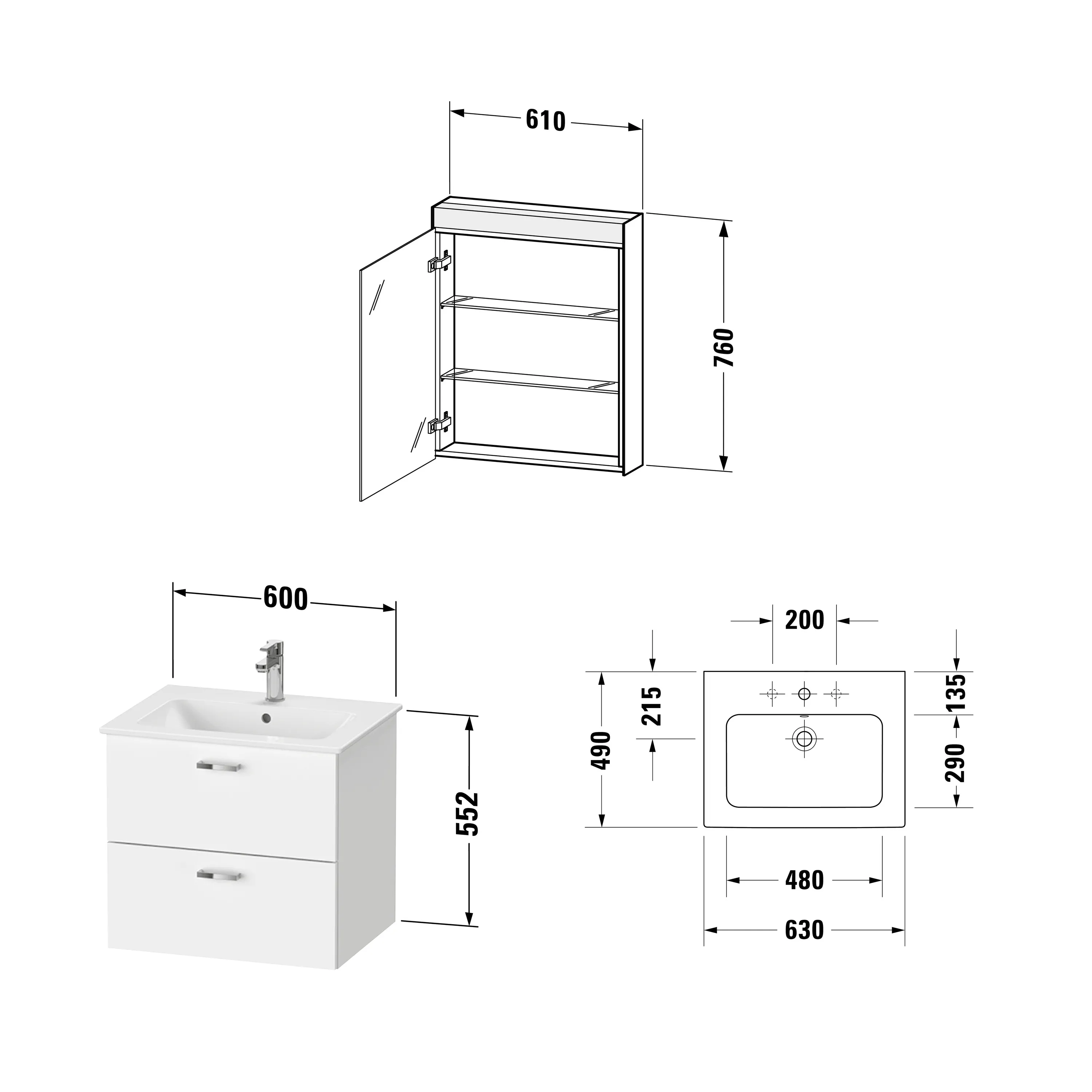 Duravit Waschtischunterschrank Möbelwaschtisch mit Waschtischunterbau und Spiegelschrank „XBase“ 63 × 200 × 49 cm in Weiß Glänzend