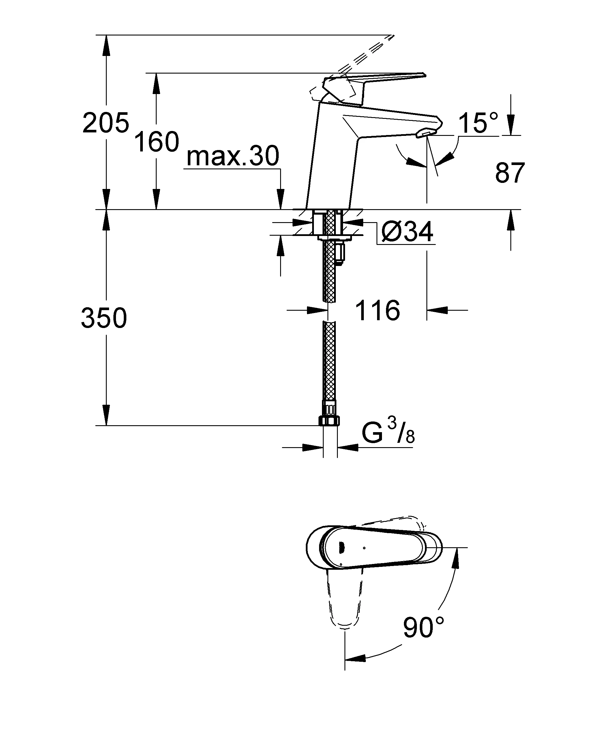 Einhand-Waschtischbatterie Eurodisc Cosmopolitan 23382_2, S-Size, Einlochmontage, Energie-Spar-Funktion Mittelstellung kalt, glatter Körper, chrom