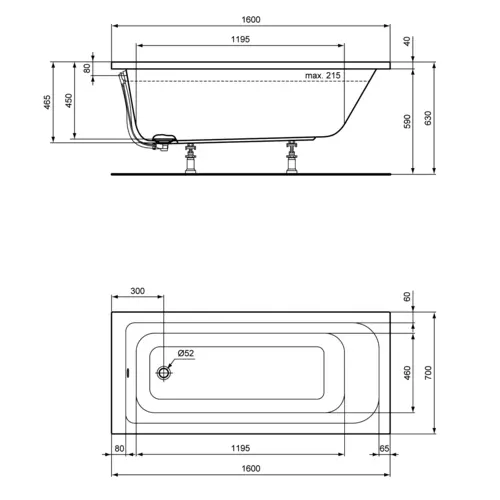 Badundu Badewanne rechteck 1600 × 700 mm, Fußablauf Badundu Badewanne rechteck 1600 × 700 mm, Fußablauf