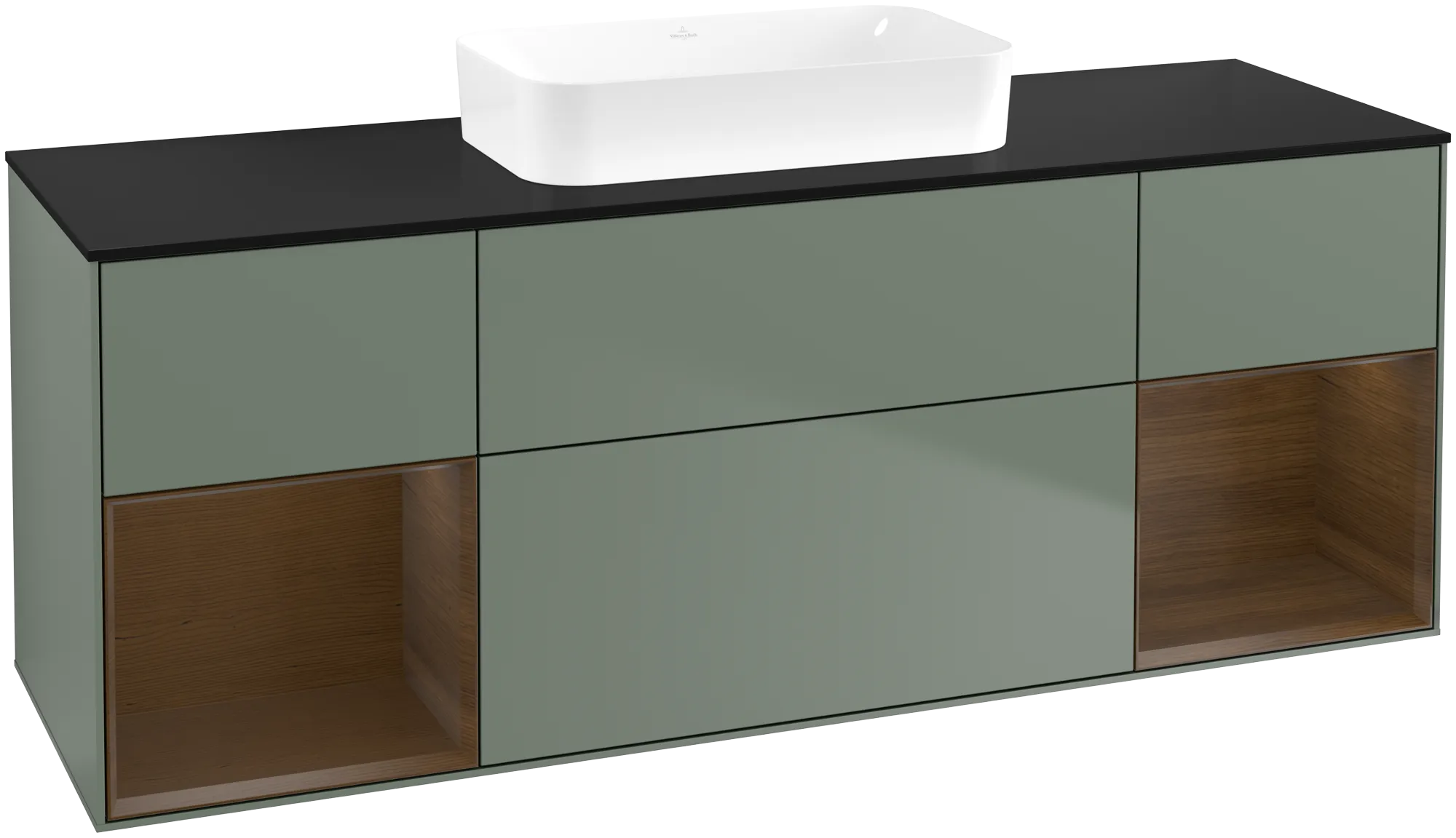 Villeroy & Boch Finion Waschbeckenunterschrank F74 1600x603x501mm Olive Matt Lacquer / Walnut Veneer / Glass Black Matt