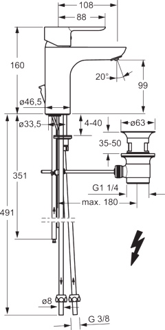 HA Einhebelmischer Waschtischbatterie HANSALIGNA 0613 Kupferrohr Zugstangenablaufgarnitur Ausladung 108 mm DN15 Chrom