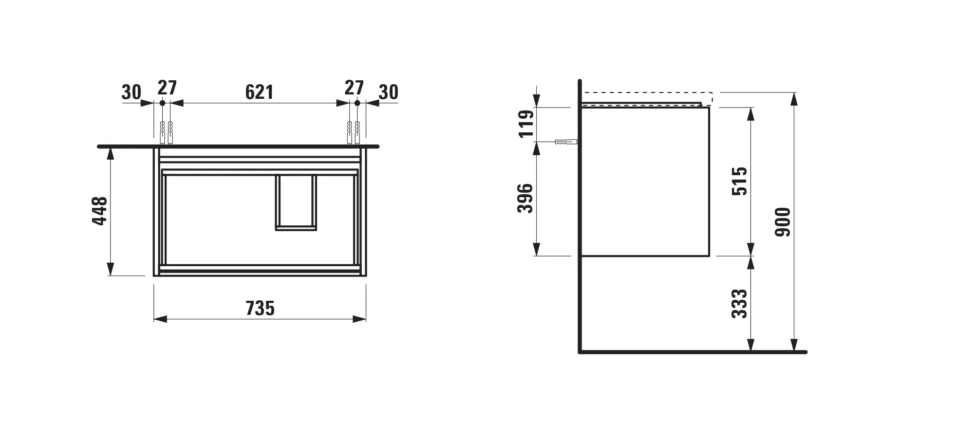 Waschtischunterbau LANI 448x735x515 mit 2 Schubladen integrierter Griffleiste Vollauszug und Soft-Close für Waschtisch LUA H817085 weiß matt