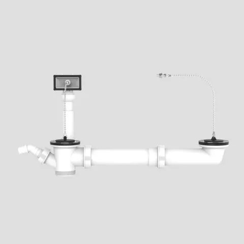 Ab- u. Überlaufgarnitur G1 1/2 × max. 440 mm, exzentrisch, 2 Stopfen mit Kette Ab- u. Überlaufgarnitur G1 1/2 × max. 440 mm, exzentrisch, 2 Stopfen mit Kette