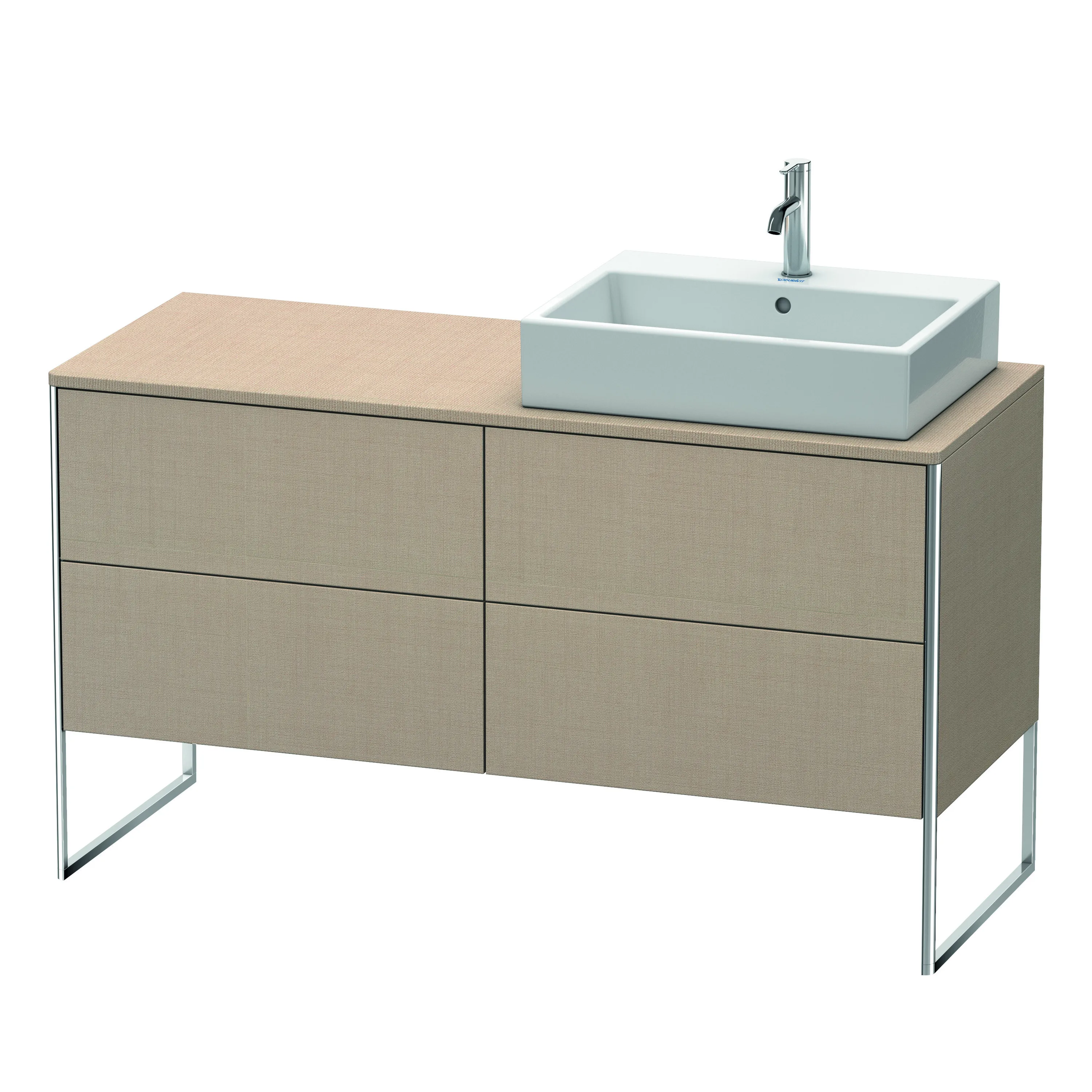 Duravit Waschtischunterschrank bodenstehend „XSquare“ 140 × 77,8 × 54,8 cm Leinen Becken: rechts / Front- & Korpusfarbe: Leinen / Größe: 140 × 54,8 × 77,8 cm / Oberfläche: Dekor / Profile: Chrom / Schubladen: 4