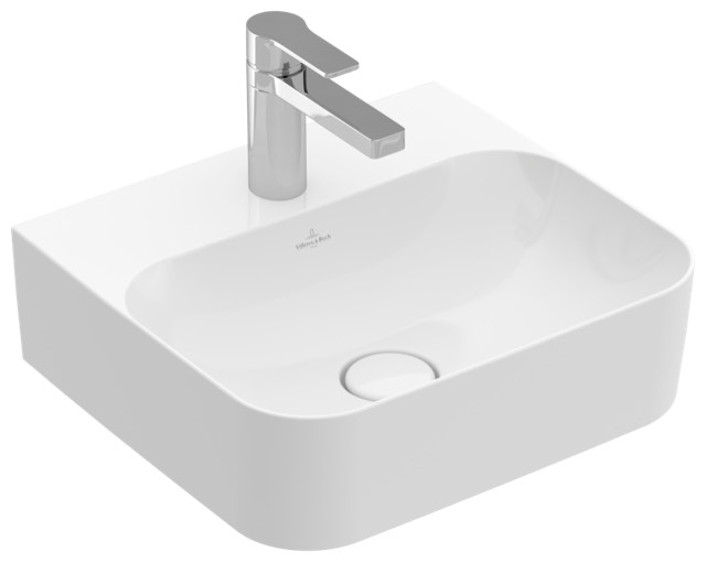 Handwaschbecken geschliffen „Finion“, ohne Überlauf, mit Hahnlochbohrung 43 × 39 cm in Weiß Alpin mit CeramicPlus