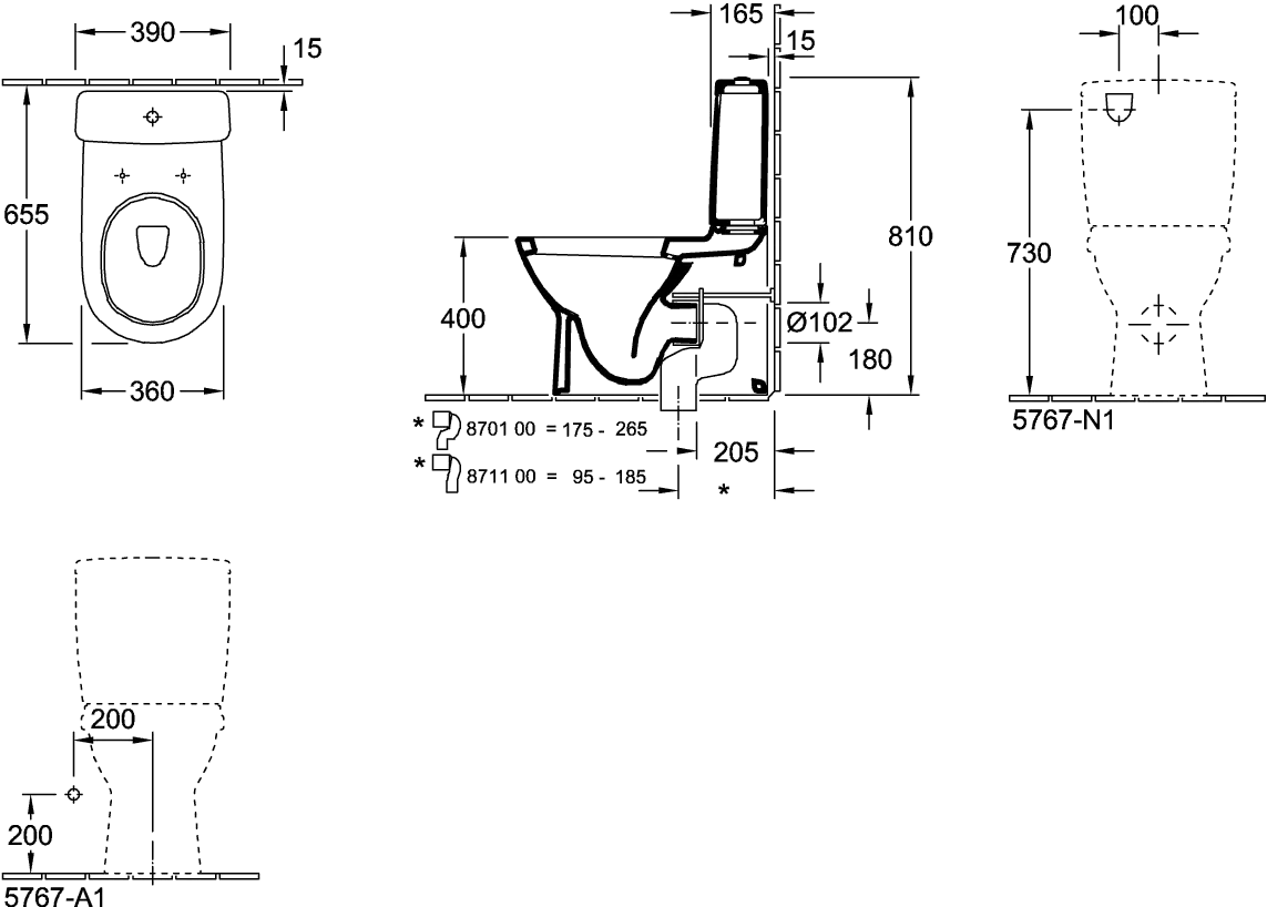 Tiefspül-WC für Kombination O.novo 565810, 360 x 640 x 400 mm, Oval, bodenstehend, Abgang waagerecht, Weiß Alpin