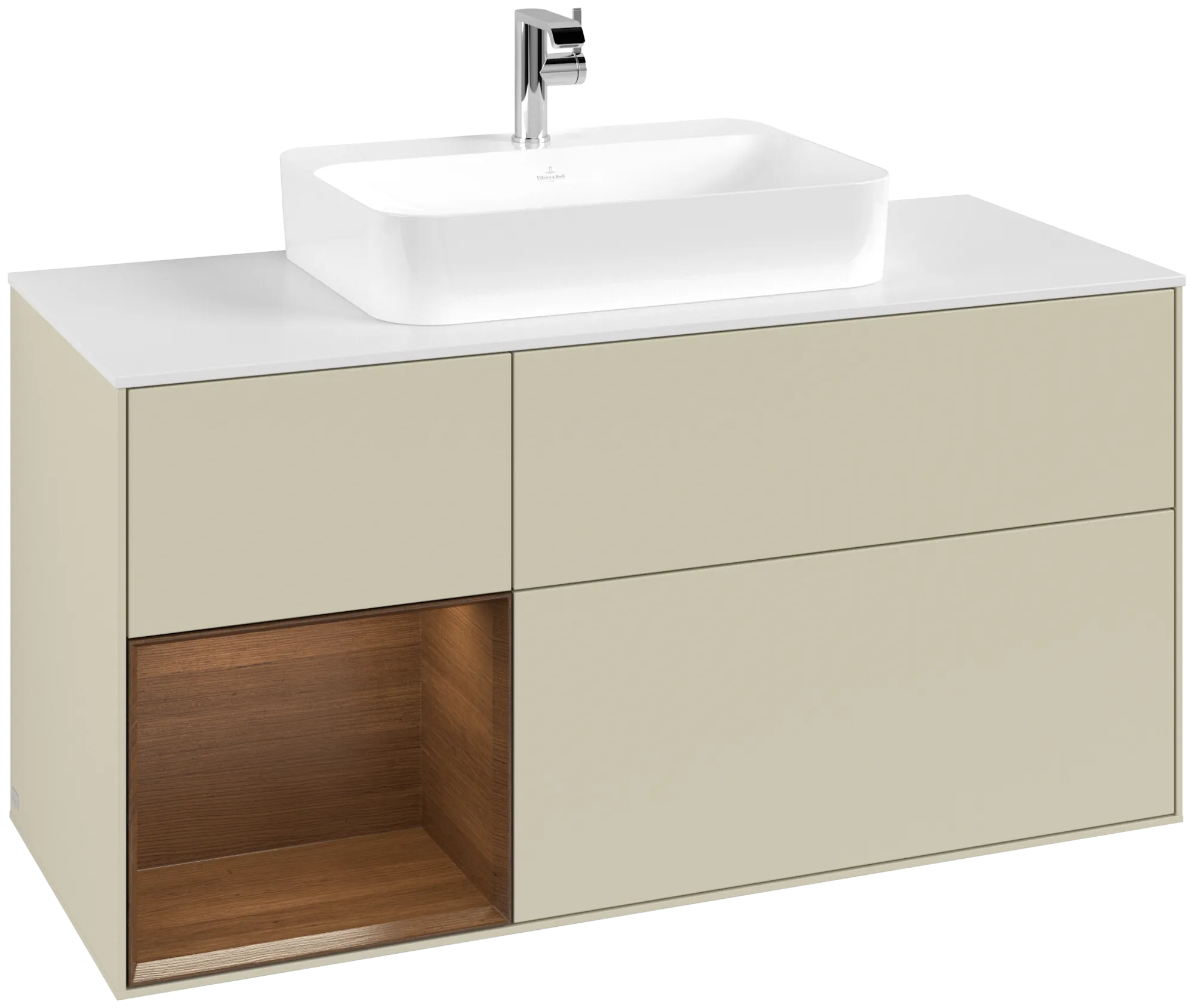 Villeroy & Boch Finion Waschbeckenunterschrank F41, 1200x603x501mm, Silk Grey Matt Lacquer / Walnut Veneer / Glass White Matt