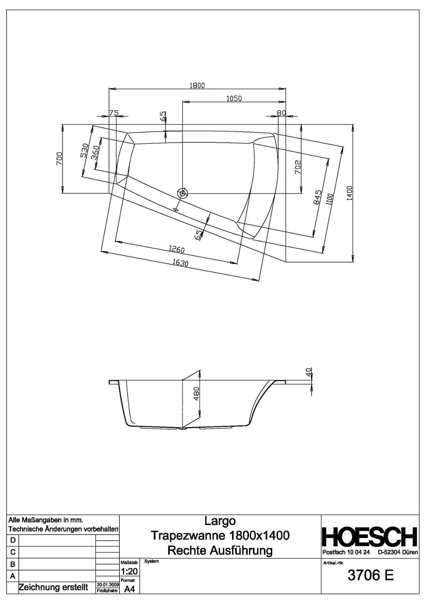 Hoesch Acryl-Badewanne Largo Trapez 1800x1400 rechts, weiß