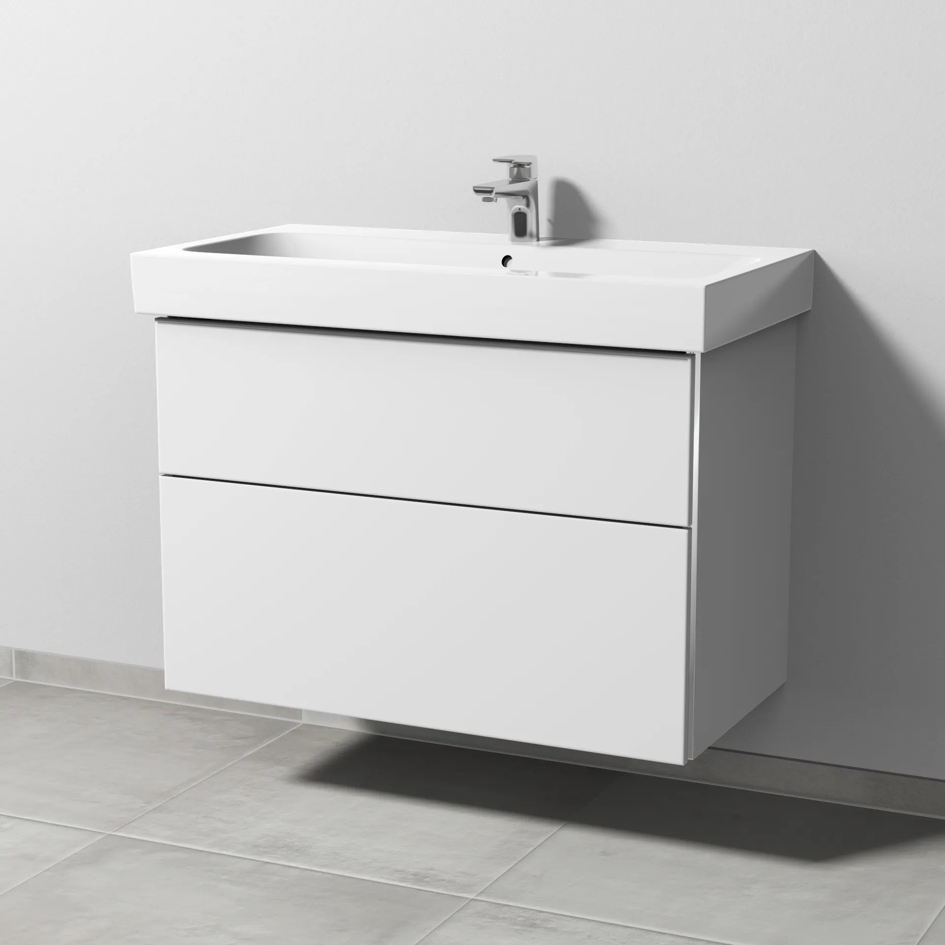 Sanipa Waschtischunterschrank „3way“ passend zu Keramik-Waschtische iCon von Geberit 850 × 593 × 462 mm in Weiß-Soft, Becken mittig