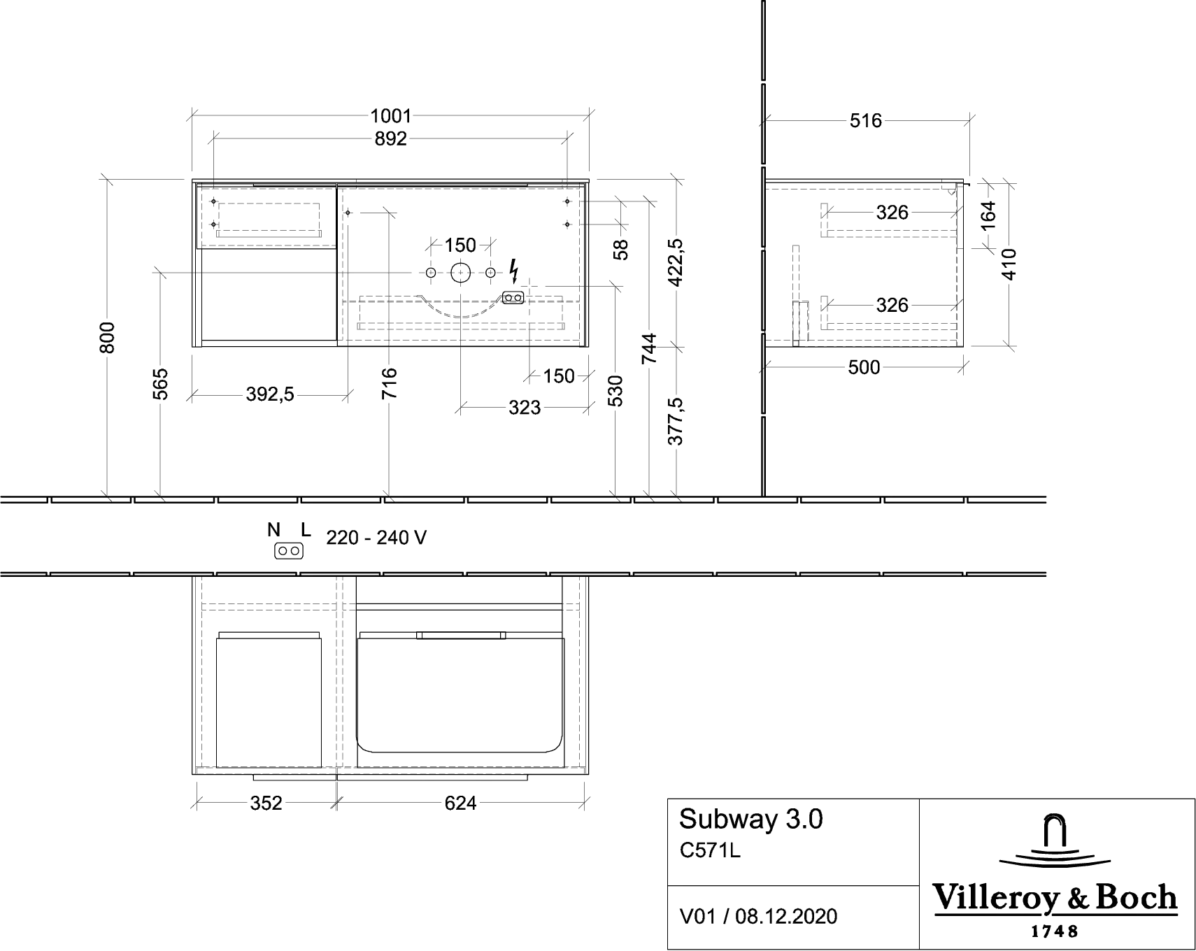 Villeroy & Boch Waschbeckenunterschrank Subway 3.0 Arizona Oak, 1001x423x500 mm, mit Beleuchtung und SoftClosing
