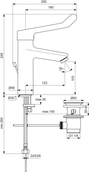 Waschtischarmatur Ceraplus Grande mit Klinikhebel mit Ablaufgarnitur Ausladung 123mm Chrom