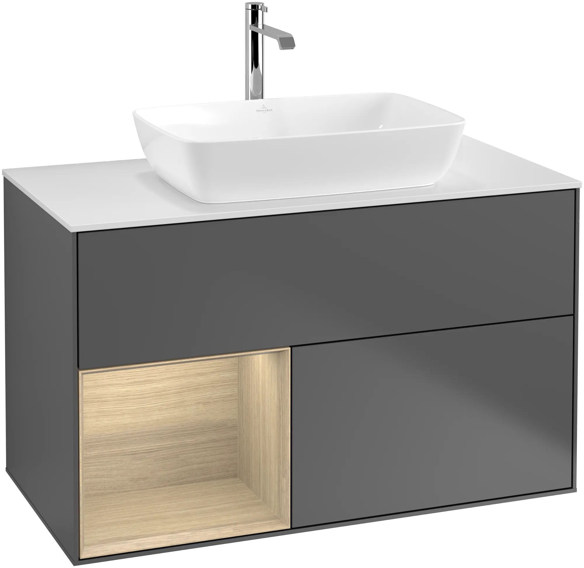 Villeroy & Boch Finion Waschbeckenunterschrank G77 1000x603x501mm Anthrazit Matt Lack / Eiche Spiegeloptik / Glas Weiss Matt