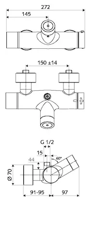 Aufputz-Duscharmatur VITUS VD-C-T / o, Mischwasser, Thermostat, Elektronisch, Selbstschluss, 2 RFV, Batteriefach, Thermische Desinfektion, 2x DN 15 G 1/2 AG, DN 15 G 1/2 AG (oben), chrom